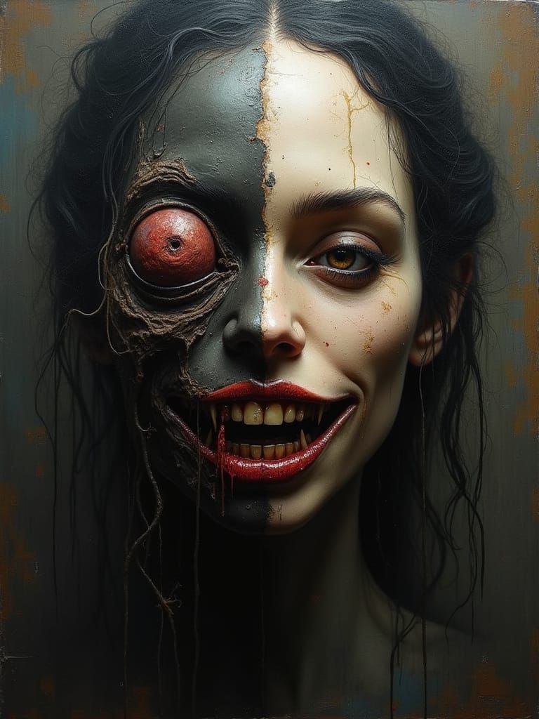 Distorted Biomechanical Demon in Dark, Impasto Oil Painting