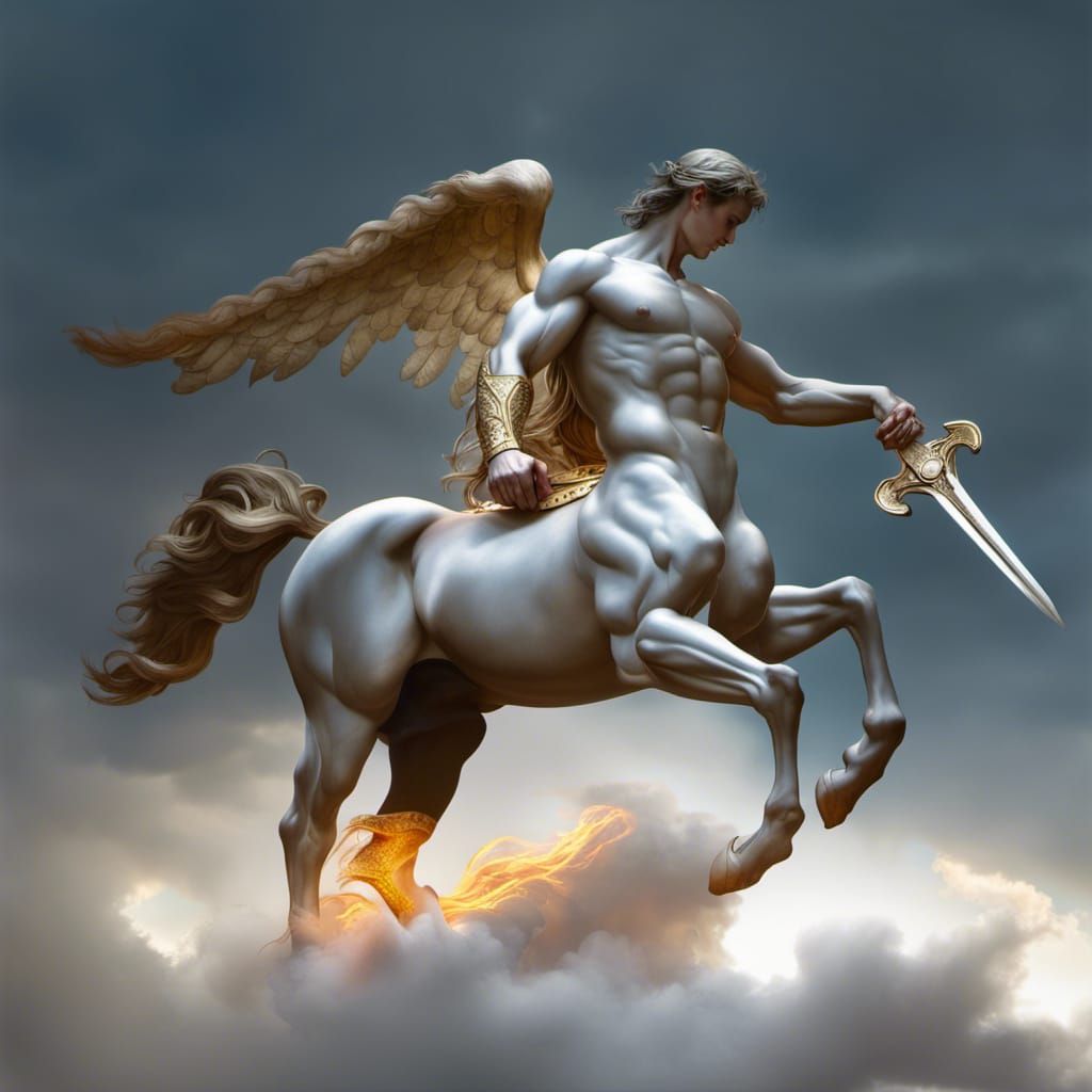 Muscular Male Centaur, mythological centaur, flaming sword held up, by William-Adolphe Bouguereau, angel wings, fine gol...