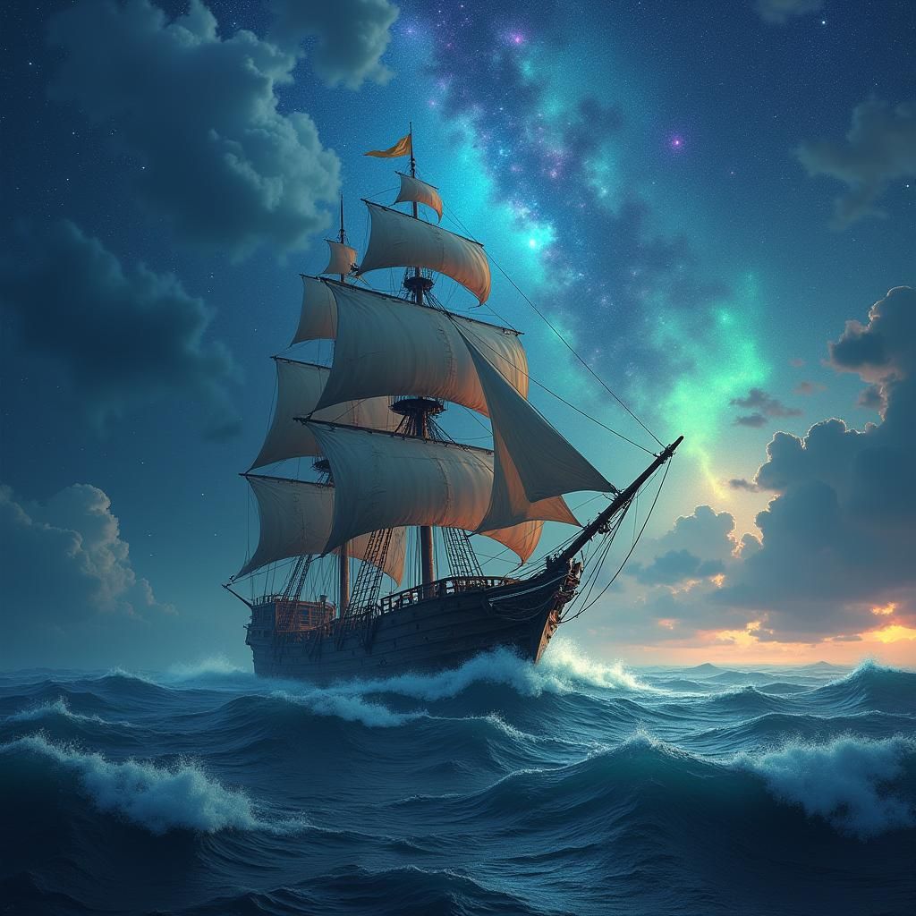 Nebula Galleon in Stormy Seas, Surrealist Style