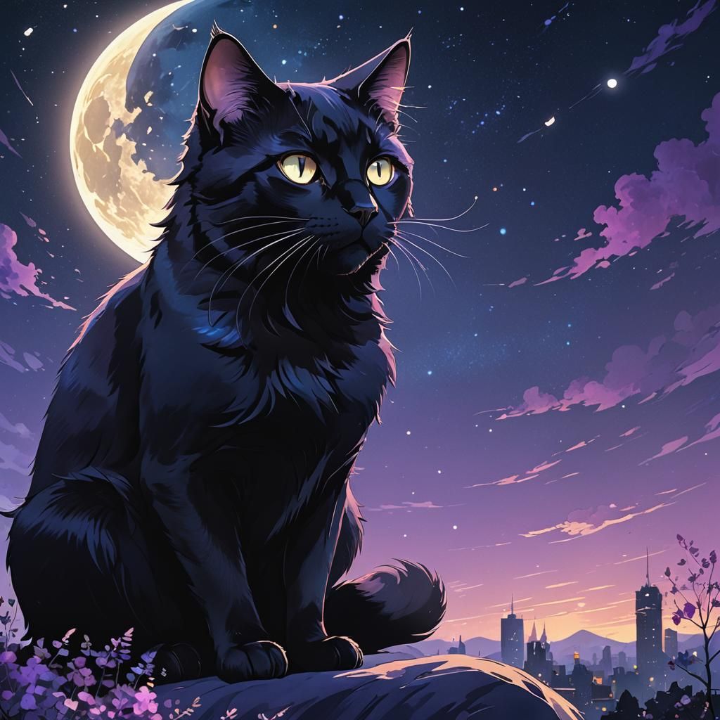 Majestic Black Cat in Anime Key Visual Style