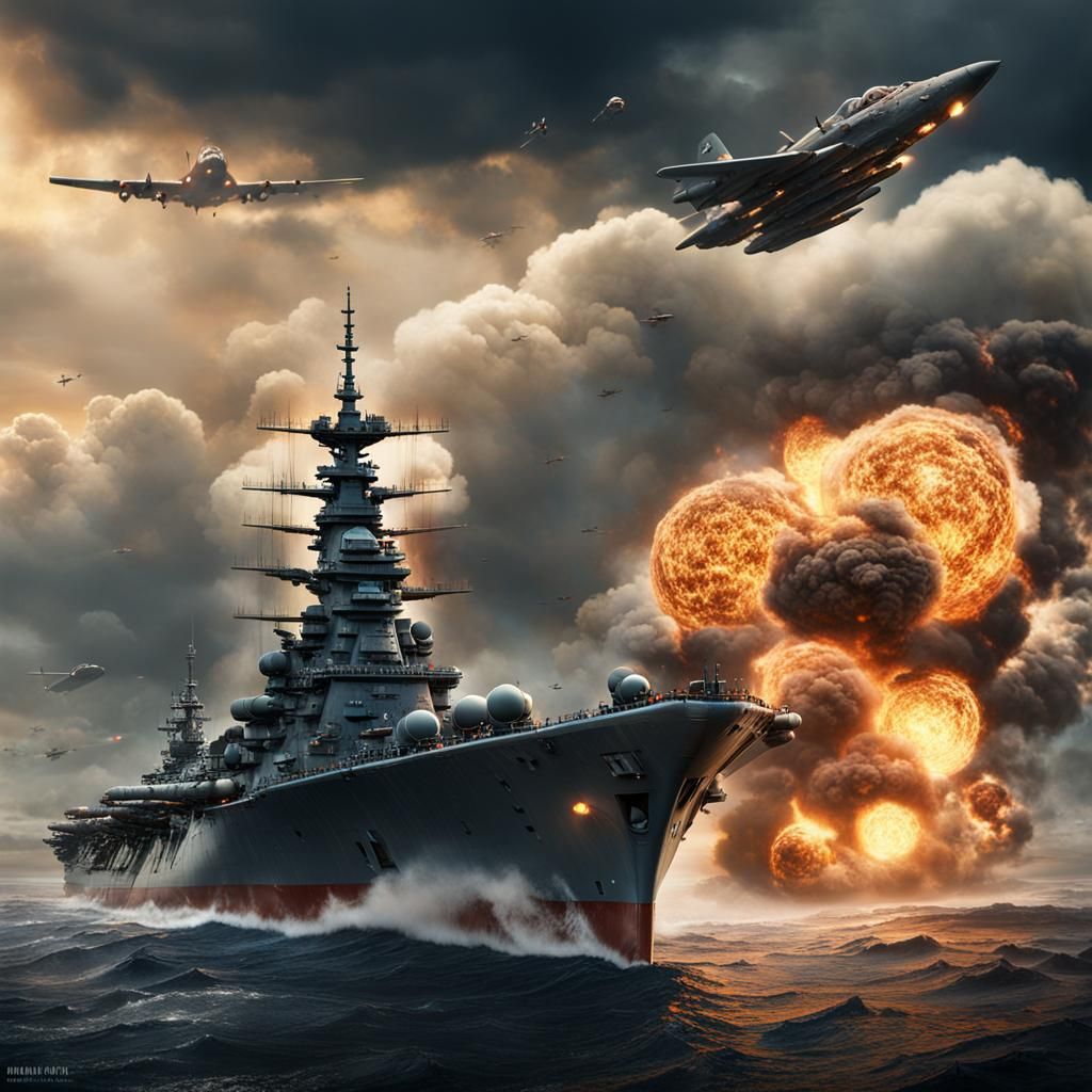 Yamato Battleship Engages Planes: Detailed Matte Painting