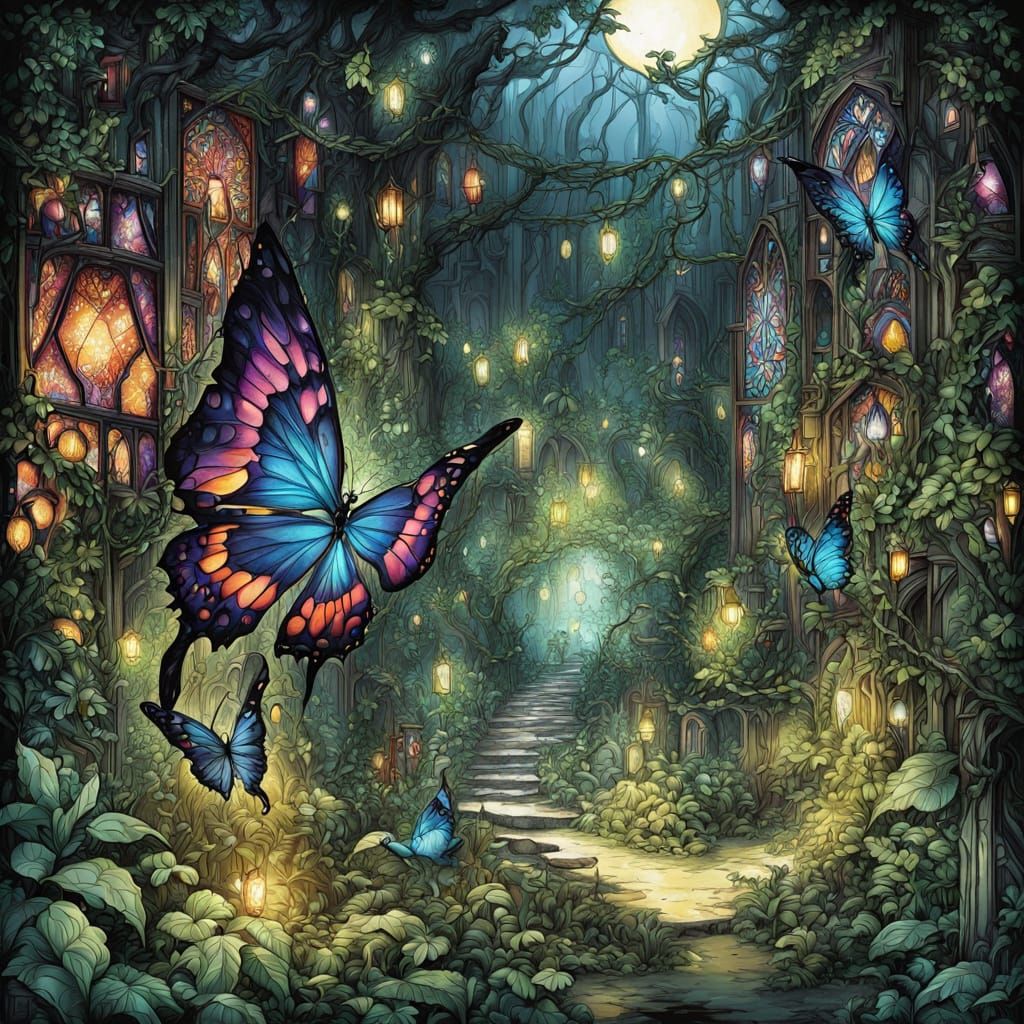 Vibrant Tropical Butterfly with Stained Glass Wings in Jungl...