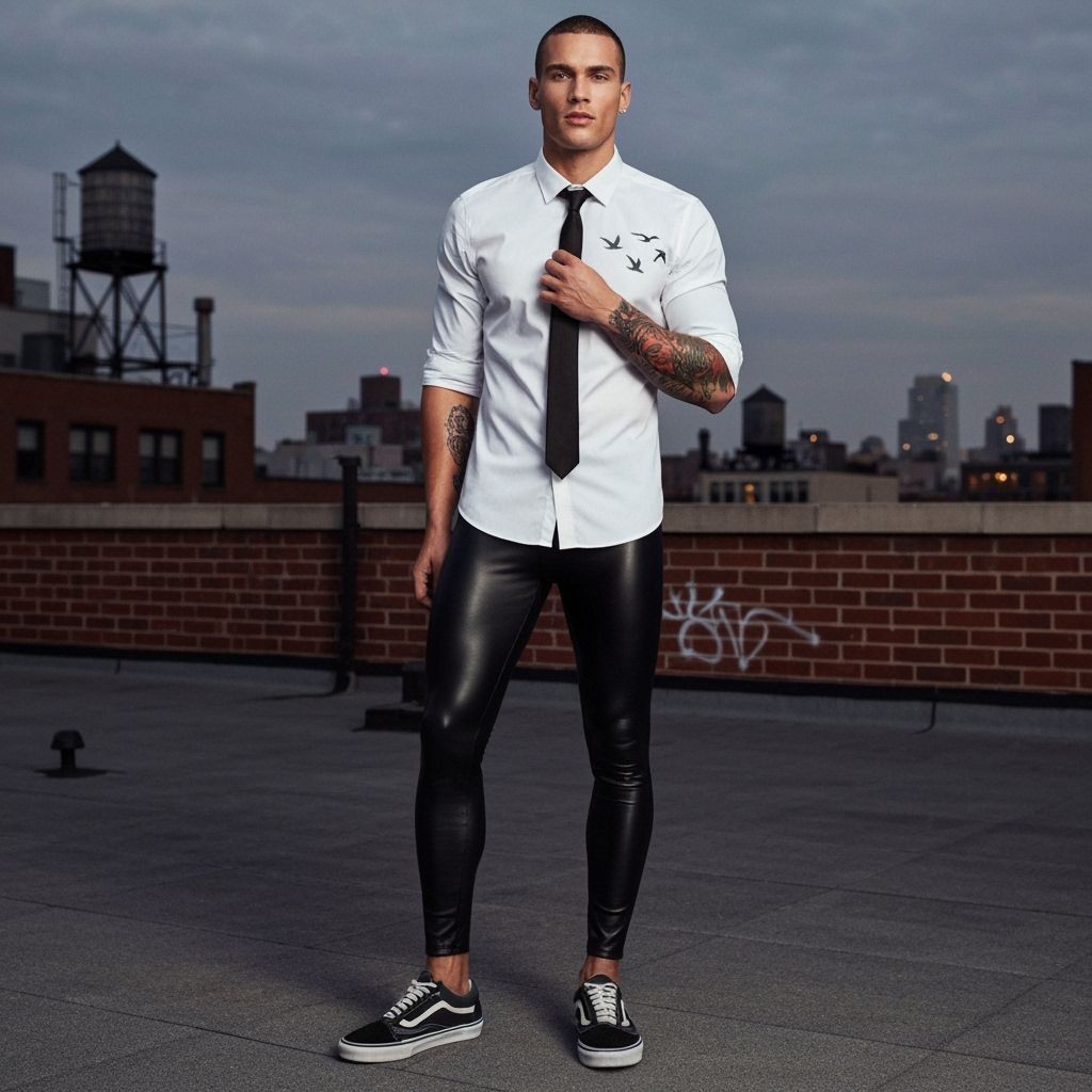 Male Model on Rooftop at Dusk in Urban Setting