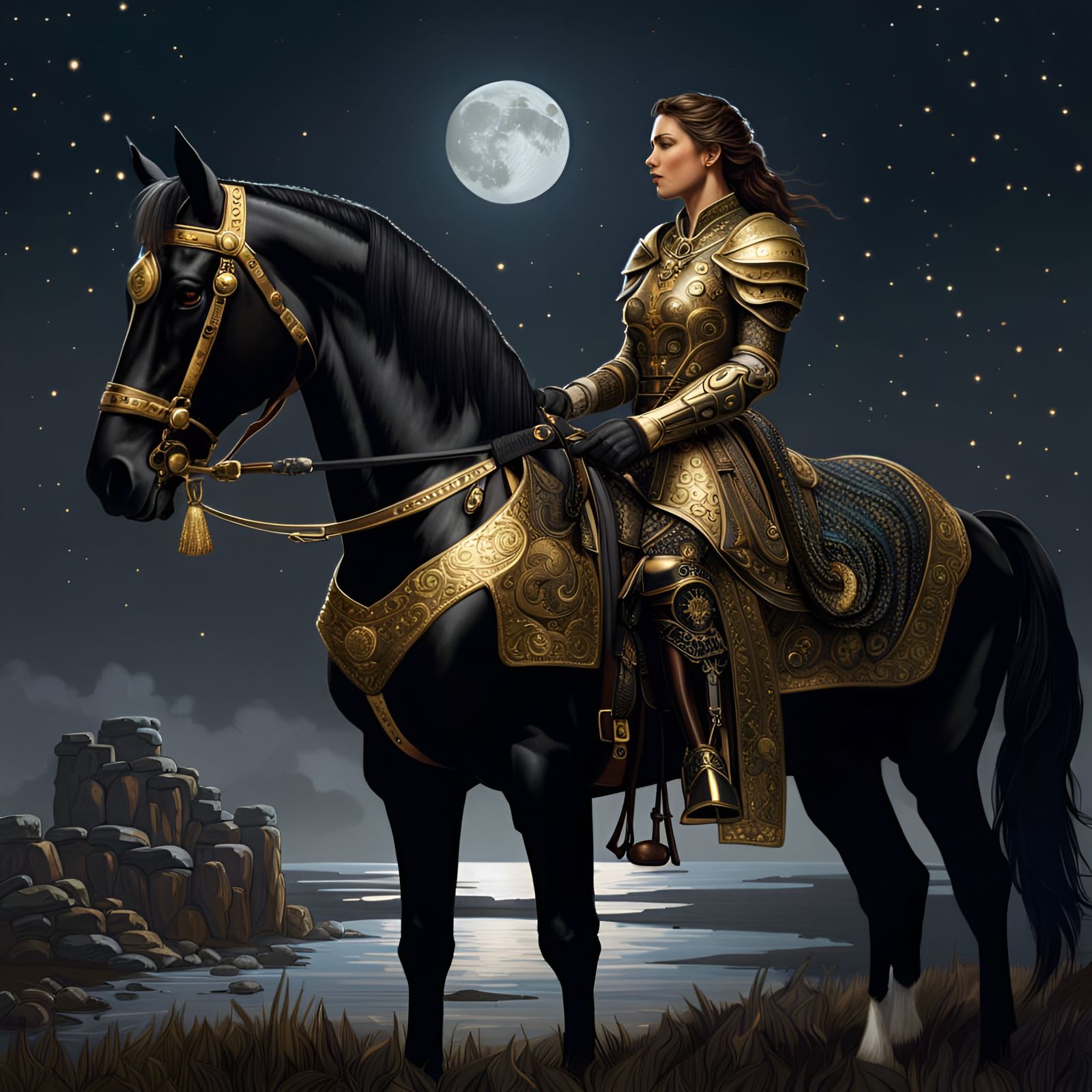 Female Knight and Black Steed in Moonlight
