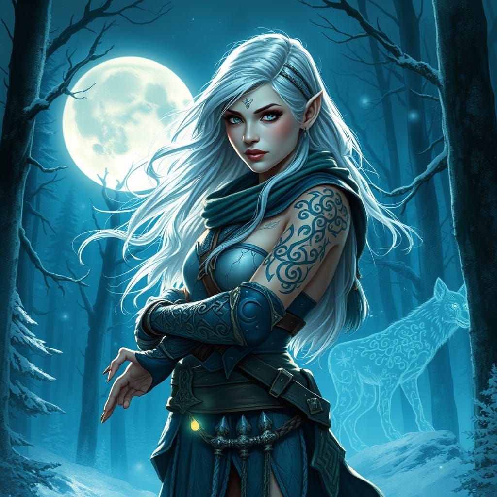 Ethereal Elven Warrior in Frosty Forest, Radiating Power and...
