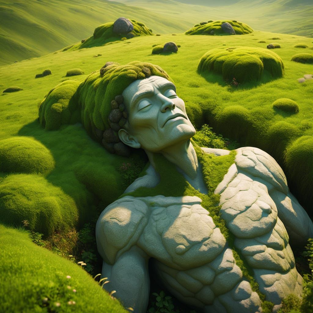 Moss Covered Stone Giant Sleeping in Meadow