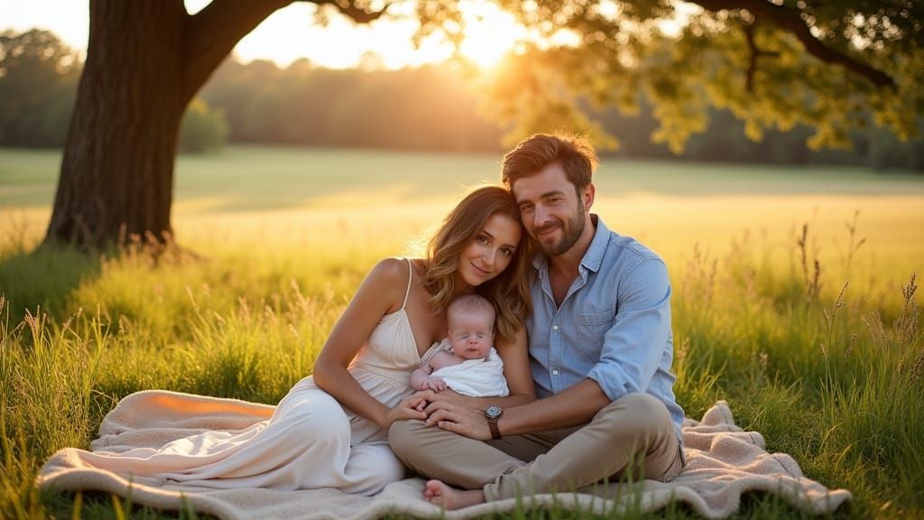 Family Portrait in Sun-Drenched Meadow at Golden Hour