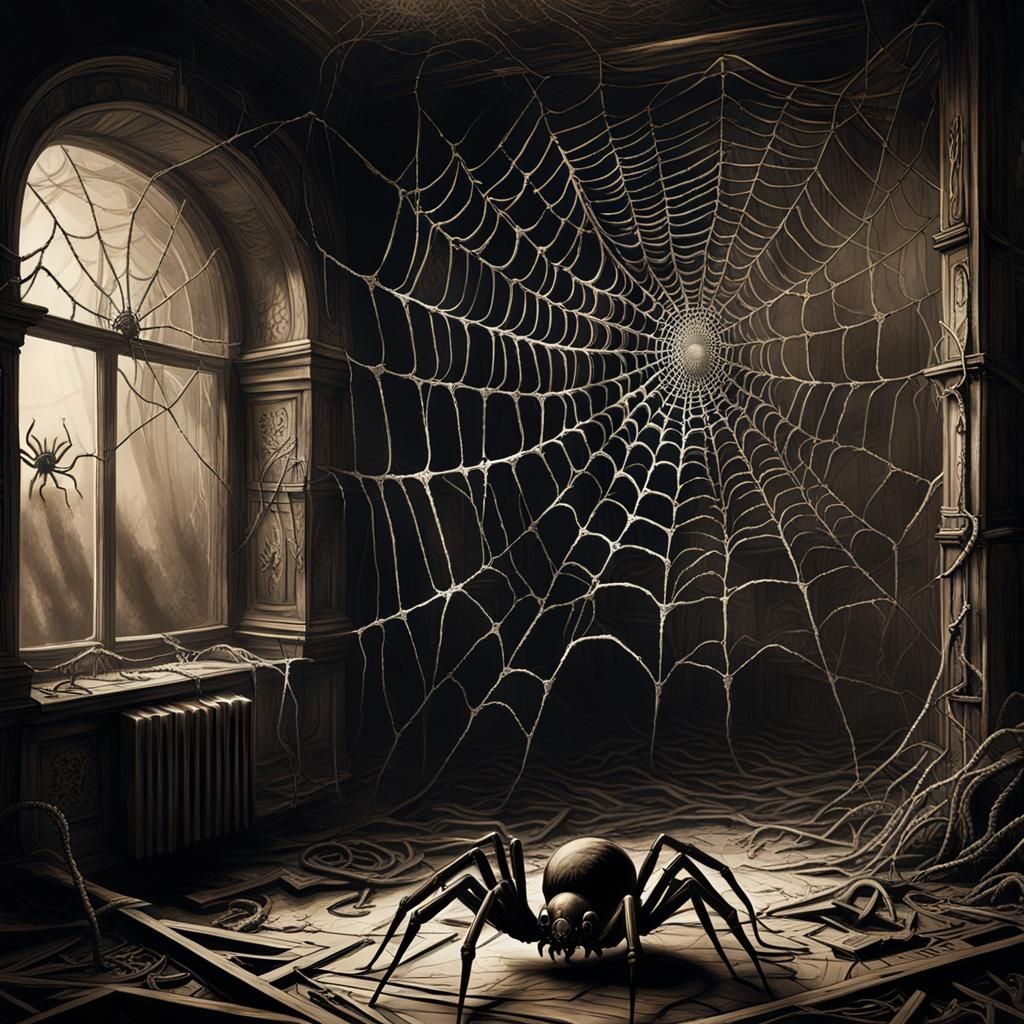 Dark Biomechanical Spiders on Cobweb Wallpaper