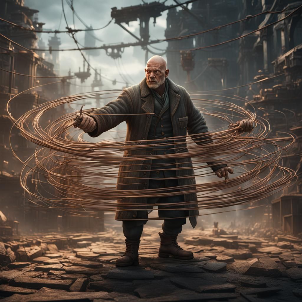 Man Spinning Wire: Detailed Matte Painting