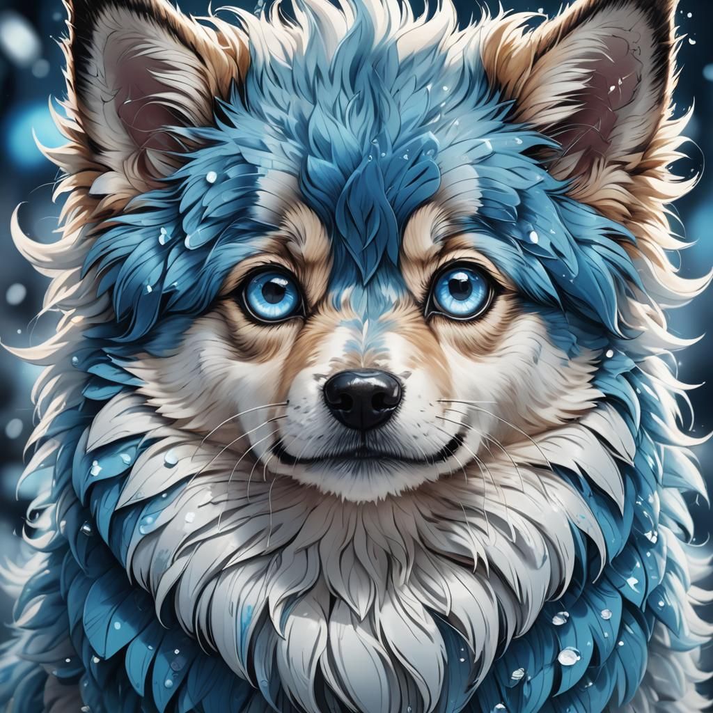 Blue-Eyed Dog with Vibrant Fur in Anime Style