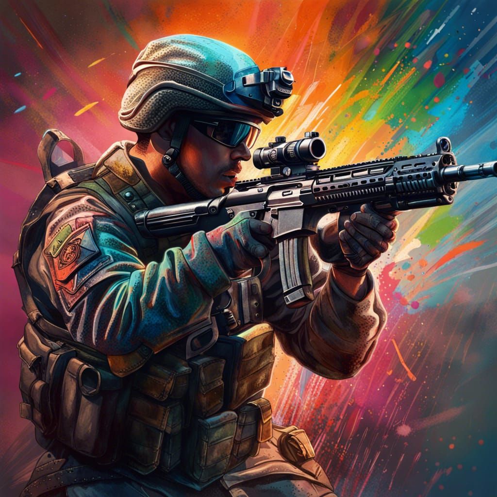 Hyperrealistic Soldier Firing Gun in Splash Art Style