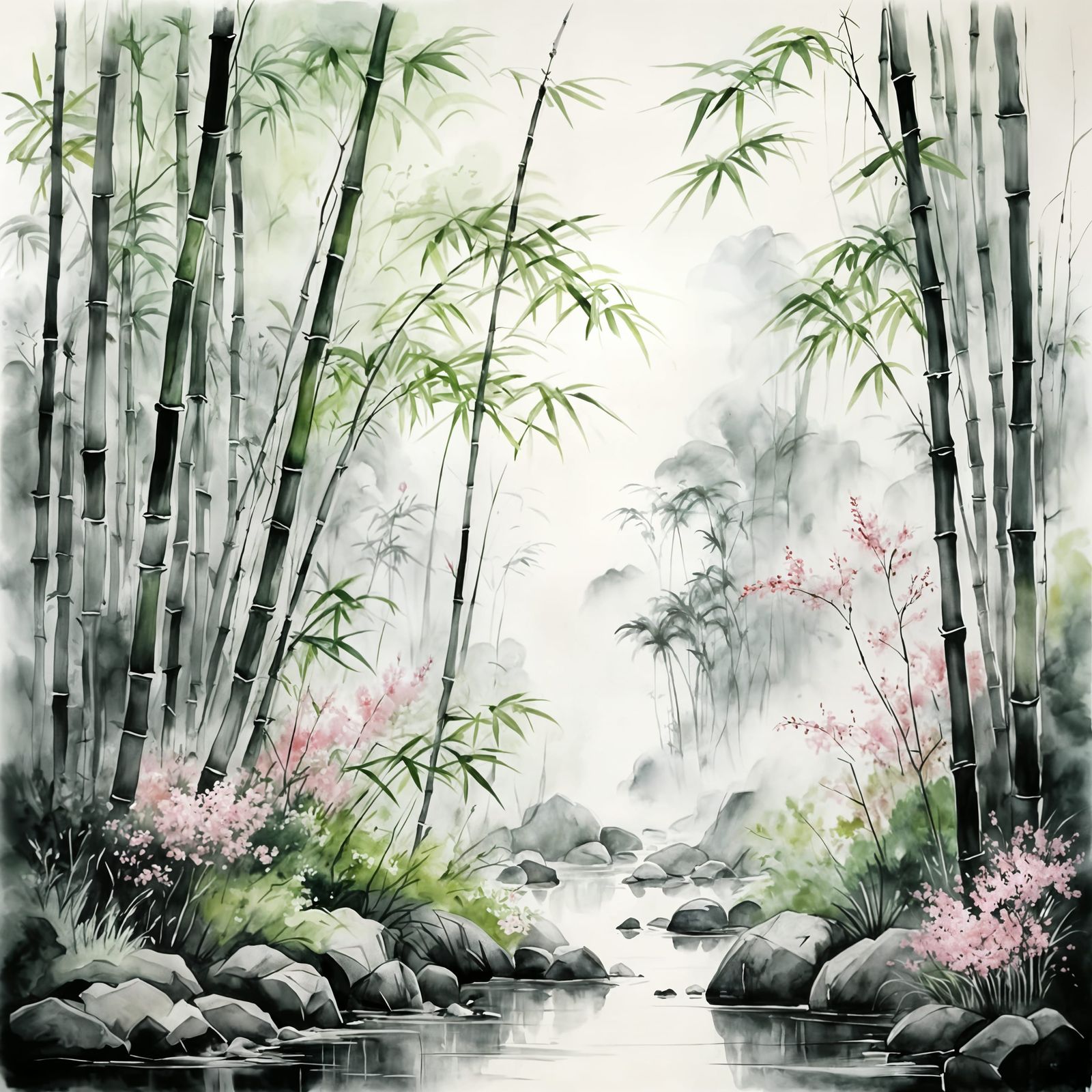 Misty Bamboo Forest Watercolor Painting