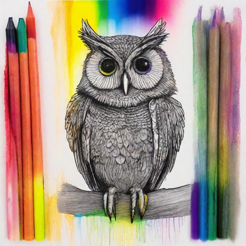 Surreal Crayon Owl Drawing with Rayograph Elements