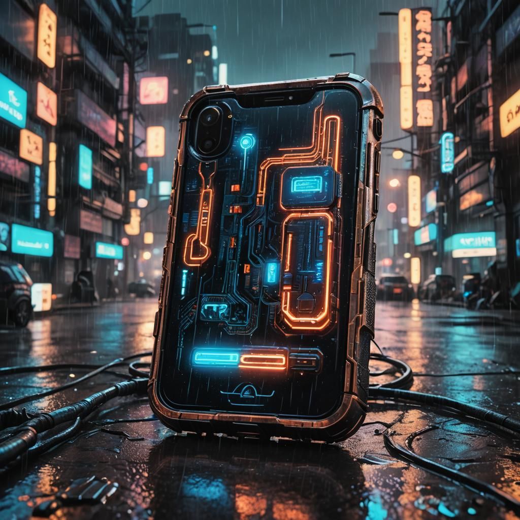 Cyberpunk Gas-Powered Cellphone in Neon Dystopia