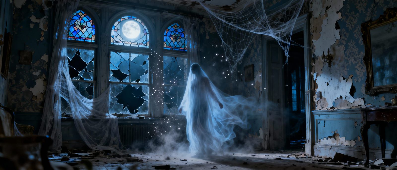 Ethereal Ghost in Decaying Victorian Mansion