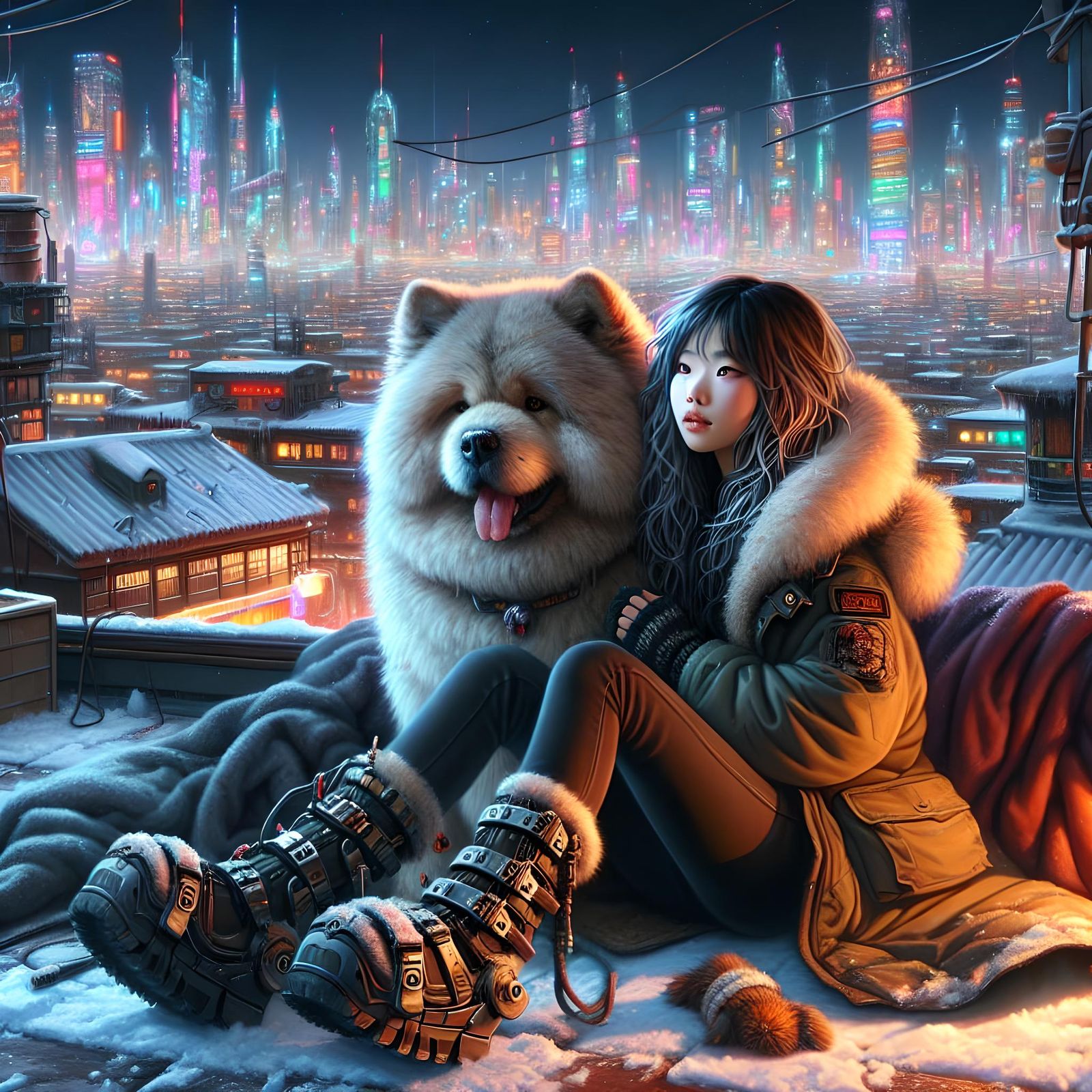Cyberpunk Girl with Fluffy Dog