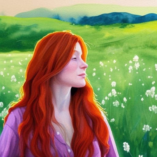 Irish Woman in Clover Field: Gouache Style