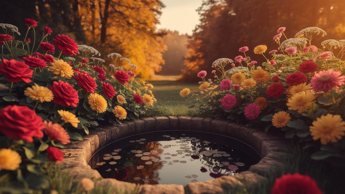 Serene Pond with Roses and Forest in Warm Sunlight