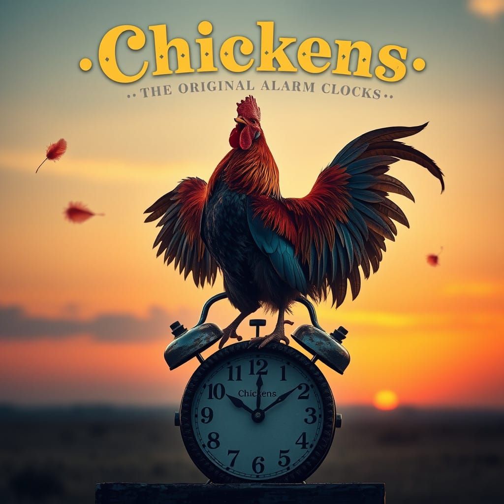 Majestic Rooster Triumphs on Vintage Alarm Clock in Sunrise...