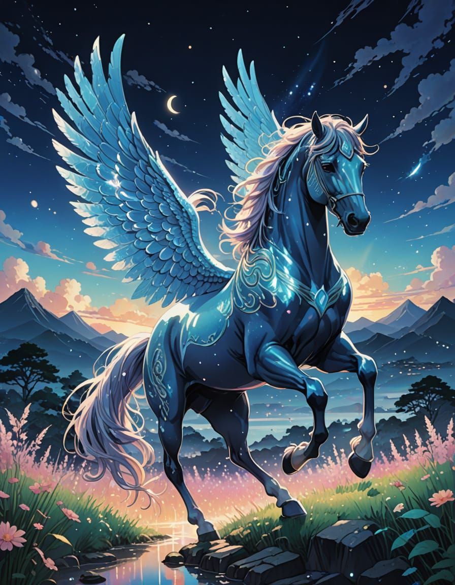 Mythical Winged Steed in Vibrant, Dreamy Landscape
