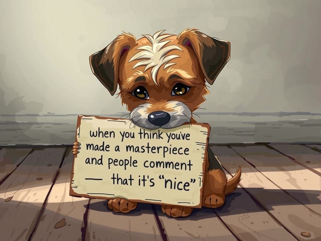 Melancholy Puppy Holds Sign About Art Criticism