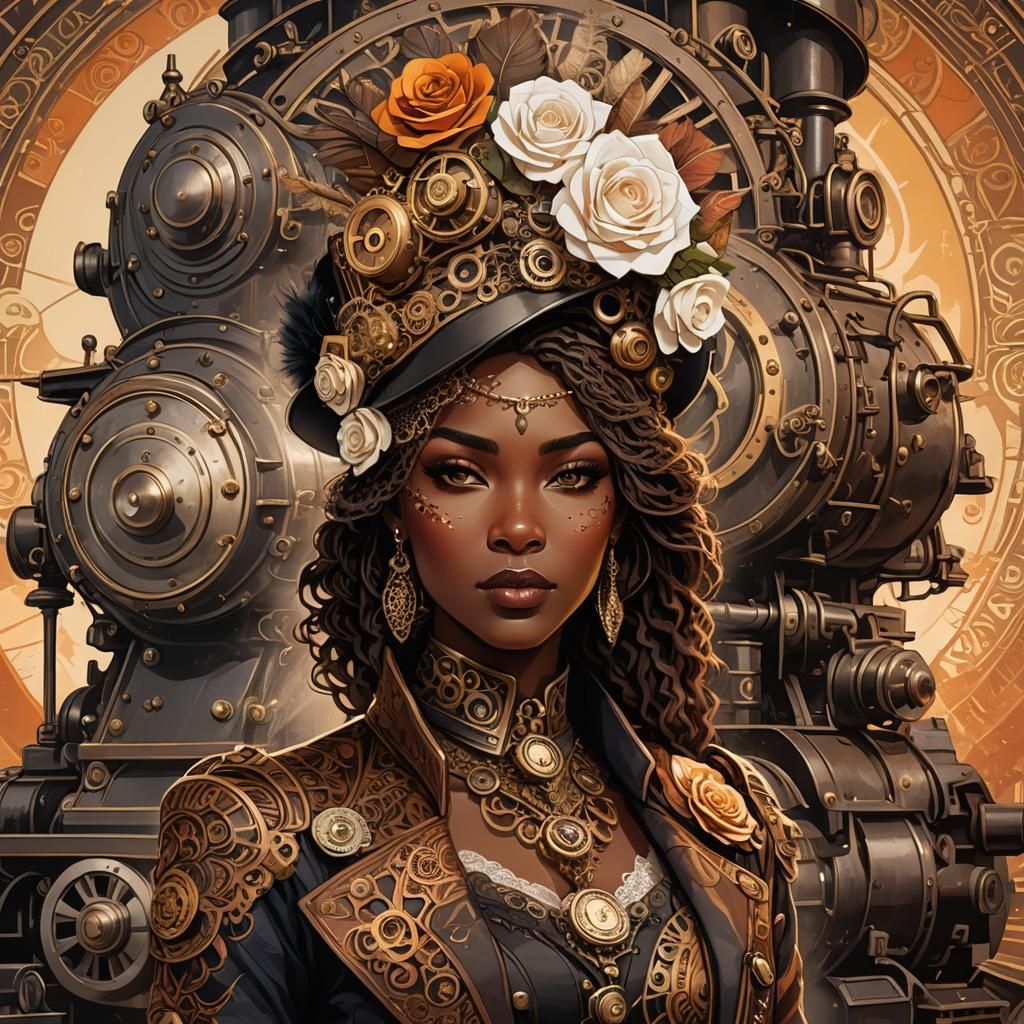 Steampunk Woman with Steam Locomotive in Detailed Illustrati...