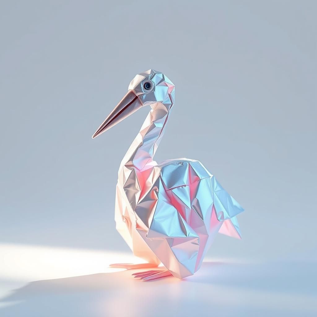Sunlit Origami Stork Shimmers with Pearlescent Sheen