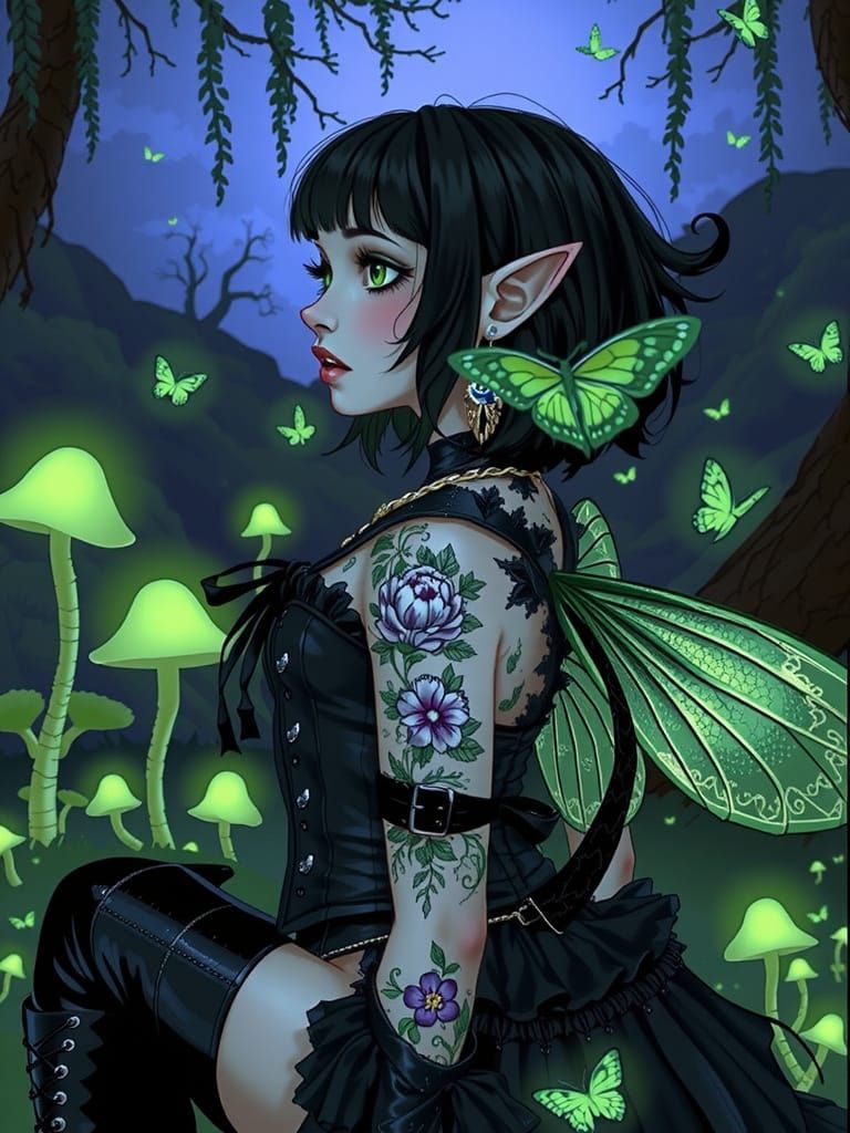 "A dark fantasy illustration of a fairy with short, choppy black hair that fades to glowing neon green at the tips. She ...