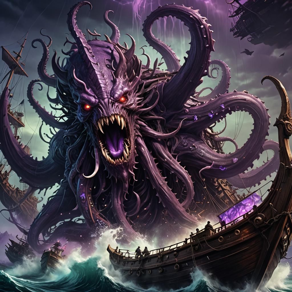 Giant Bioluminescent Kraken Attacks Ship: Dark Fantasy Art