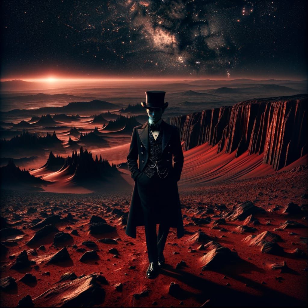 1920s Man Grins on Dark, Cinematic Mars Landscape
