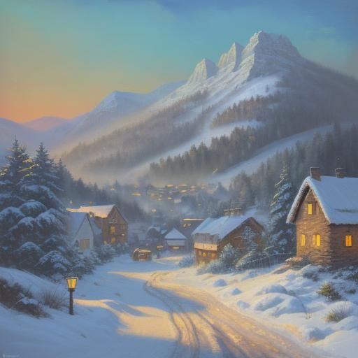 Winter Village Masterpiece in Impressionist Style