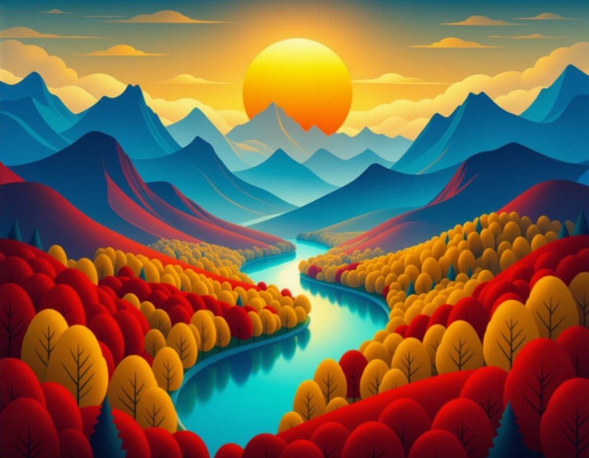Mysterious Paradise Landscape with Copper Sun and Vibrant Tr...