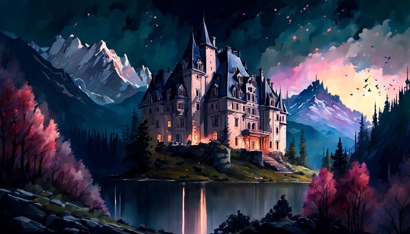 Night Chateau Landscape in Watercolour Painting Style