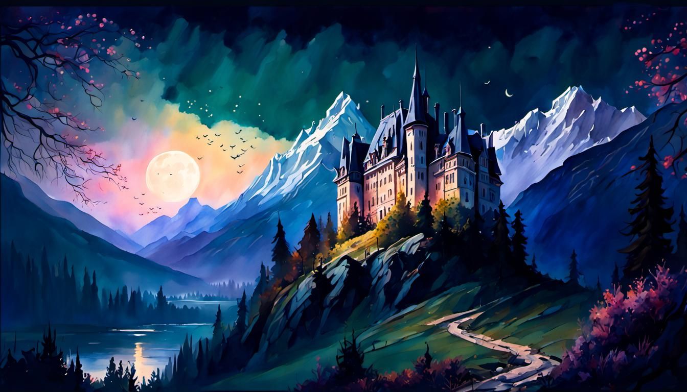 Night Spring Chateau: A Watercolour Landscape