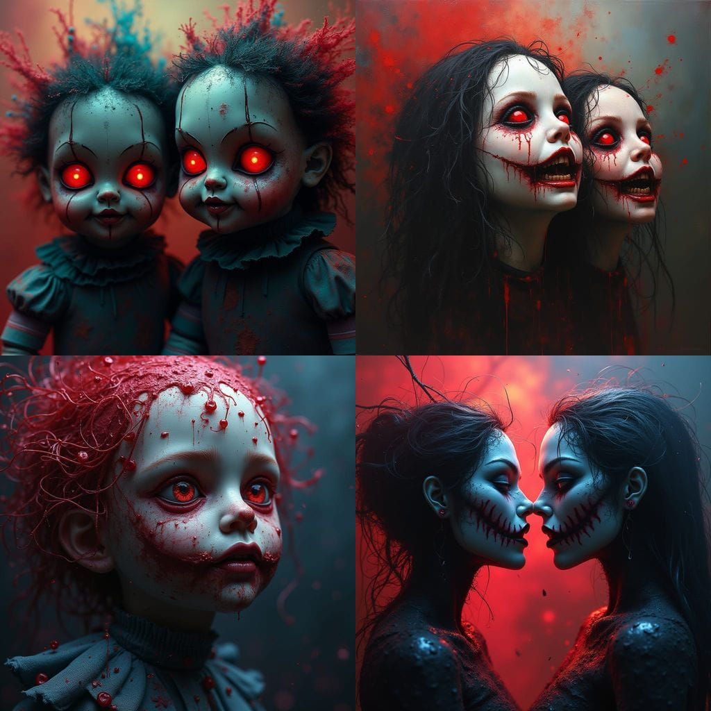 Nightmare Living Dolls in Hyperrealistic Splash Art Style