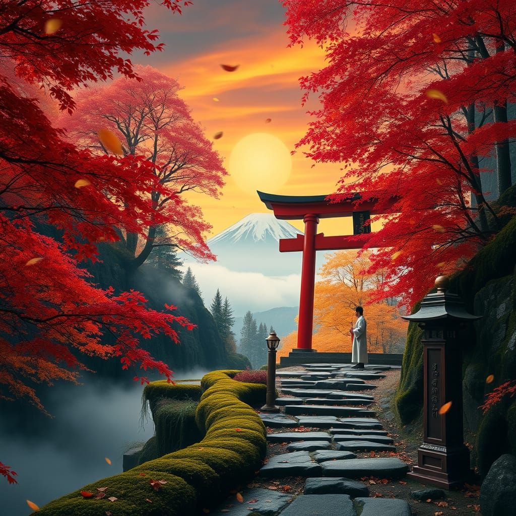 Ancient Japanese Temple Amidst Vibrant Autumn Landscape