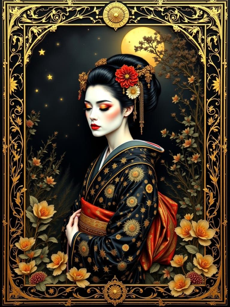 Gothic Geisha in Zen Garden Tarot Card by Mucha