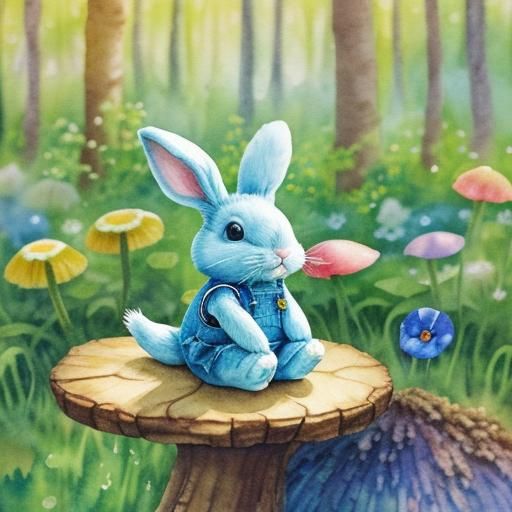 Whimsical Watercolor Rabbit in Forest Scene