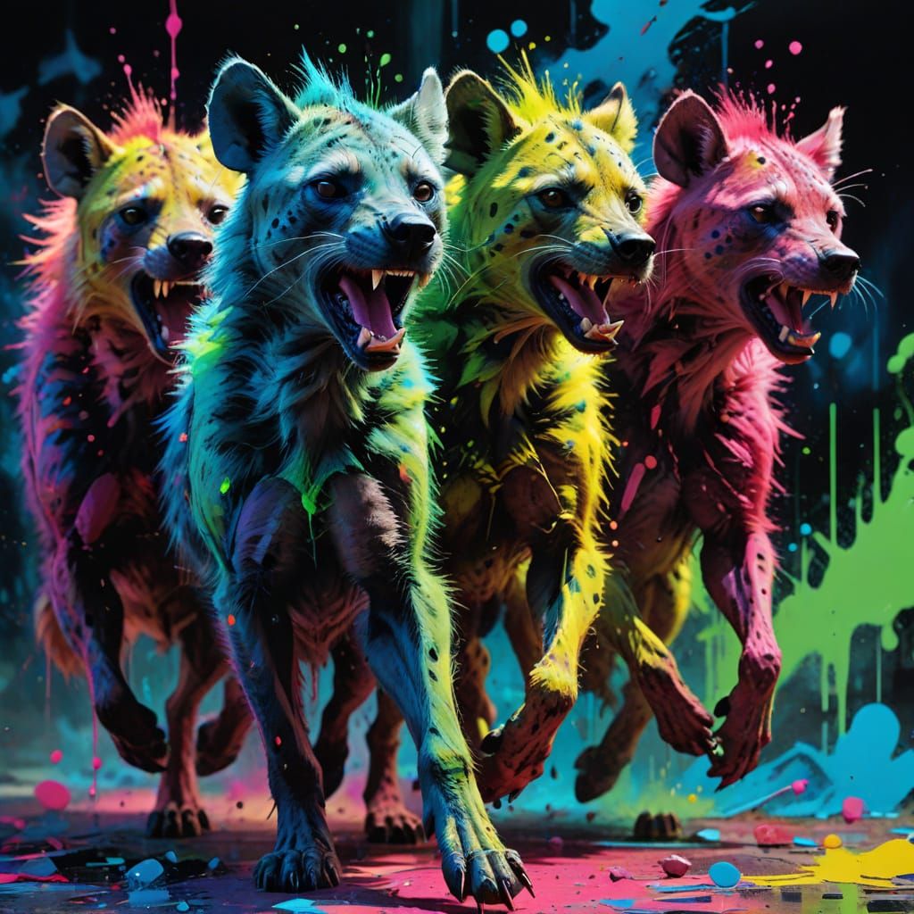 Vibrant Mutant Hyenas Unleashed in Cosmic Cartoon Chaos