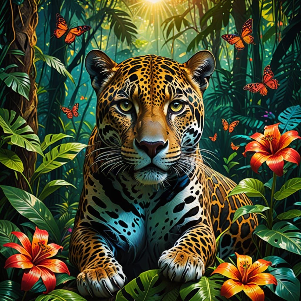 Psychedelic Jaguar in Vibrant Tropical Forest