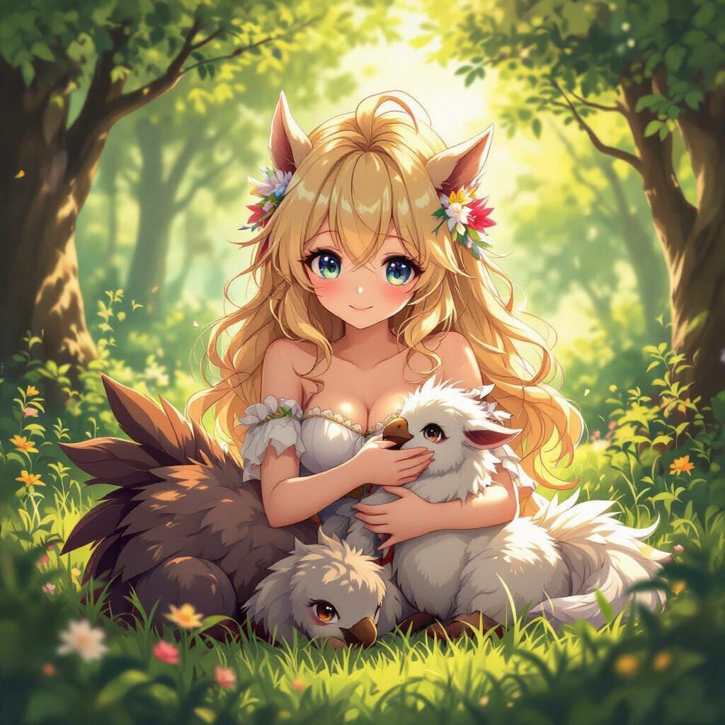 Chocobo Waifu Tends Newborn Mounts in Forest