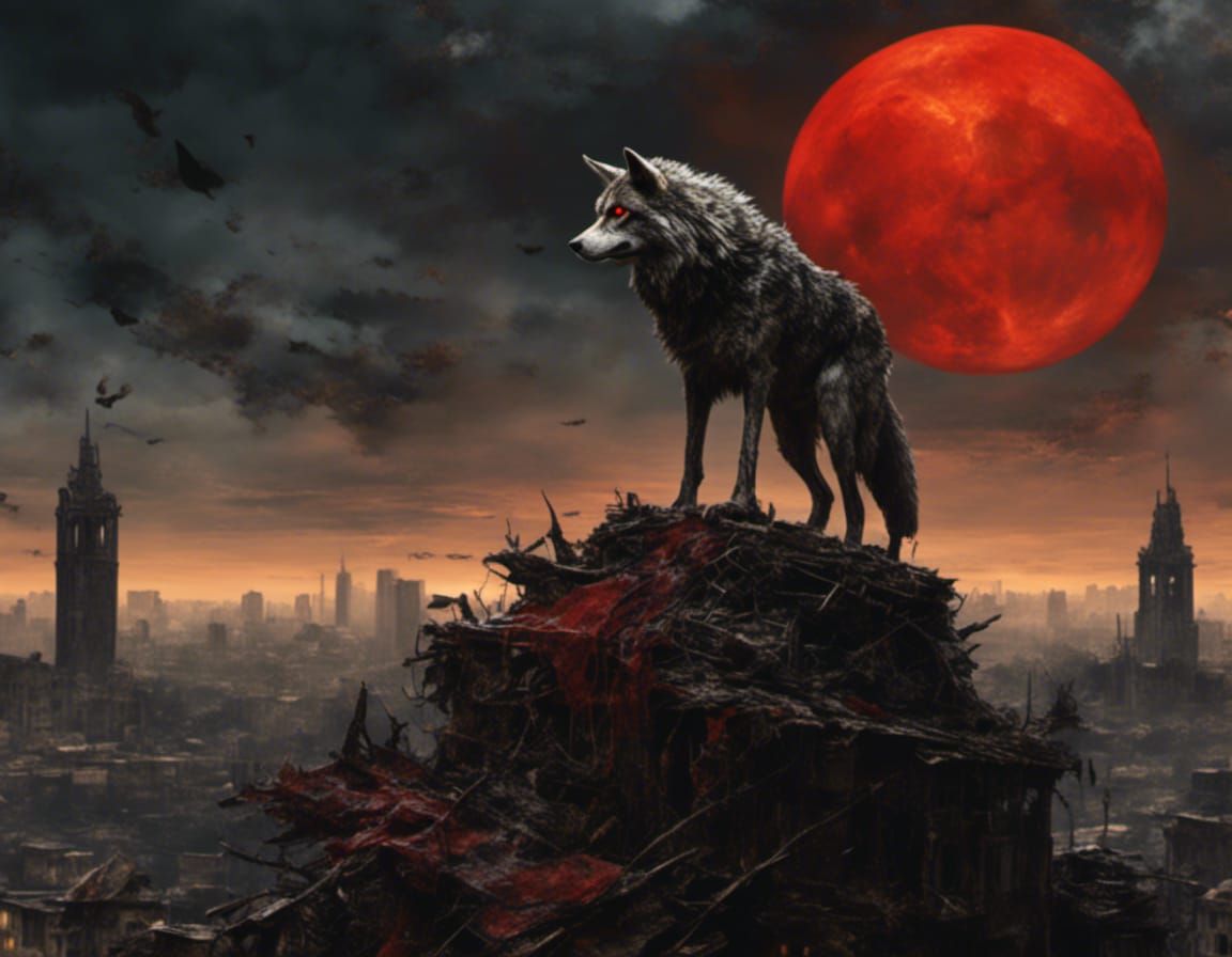 Wolf Superhero on Crumbling Building, Cartoon Style