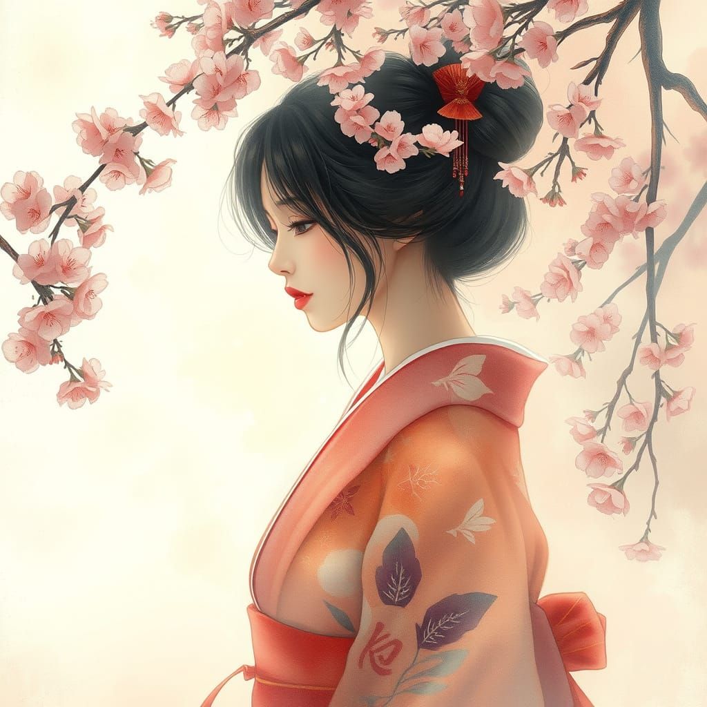 Ethereal Japanese Woman in Kimono with Cherry Blossoms