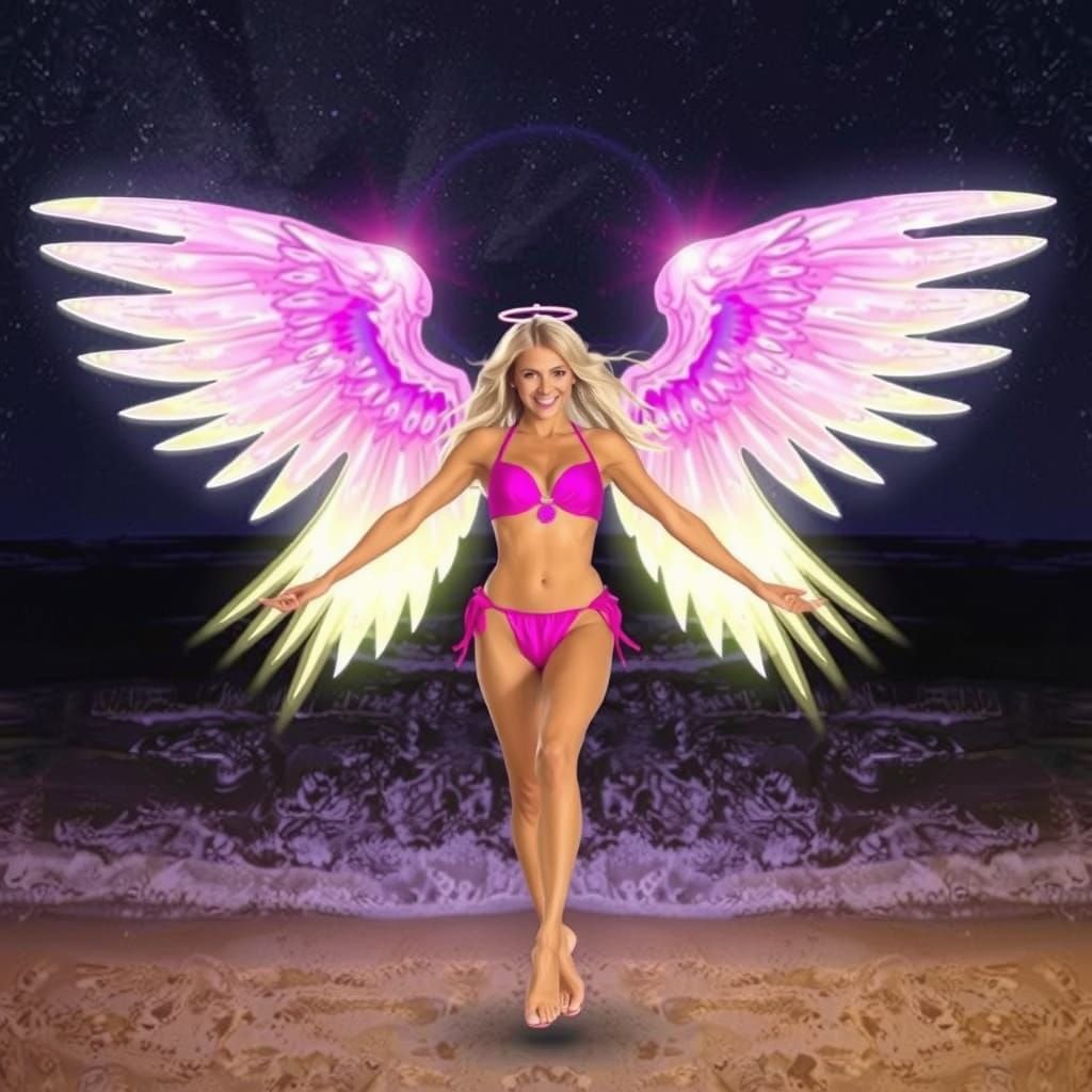 Angel soars above Beach paradise in Dreamy Landscape