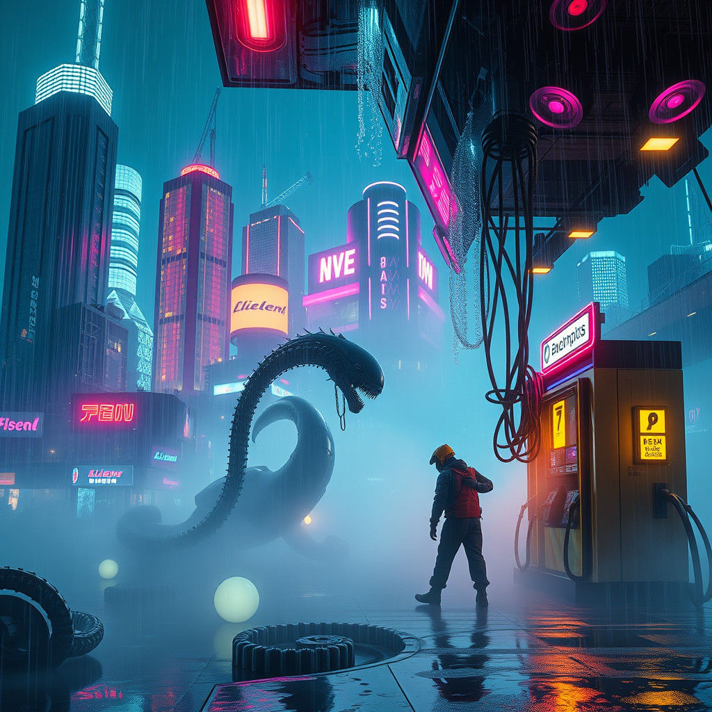 Alien Refuels Spaceship at Neon Gas Station