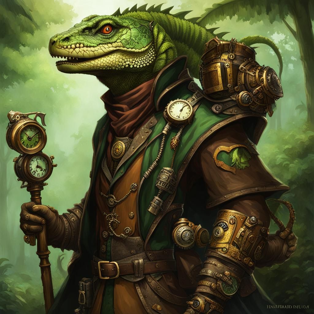 Steampunk Lizardfolk Druid: Mechanical Reptilian Art