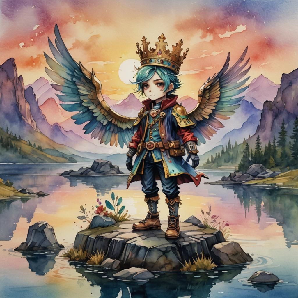 Magical Sunset: Winged Character in Watercolor
