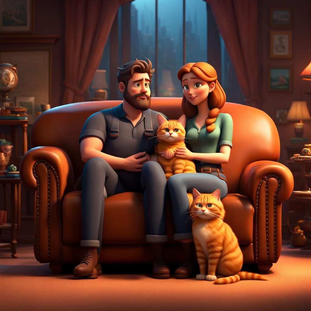Couple with Cats on Couch in Pixar Style
