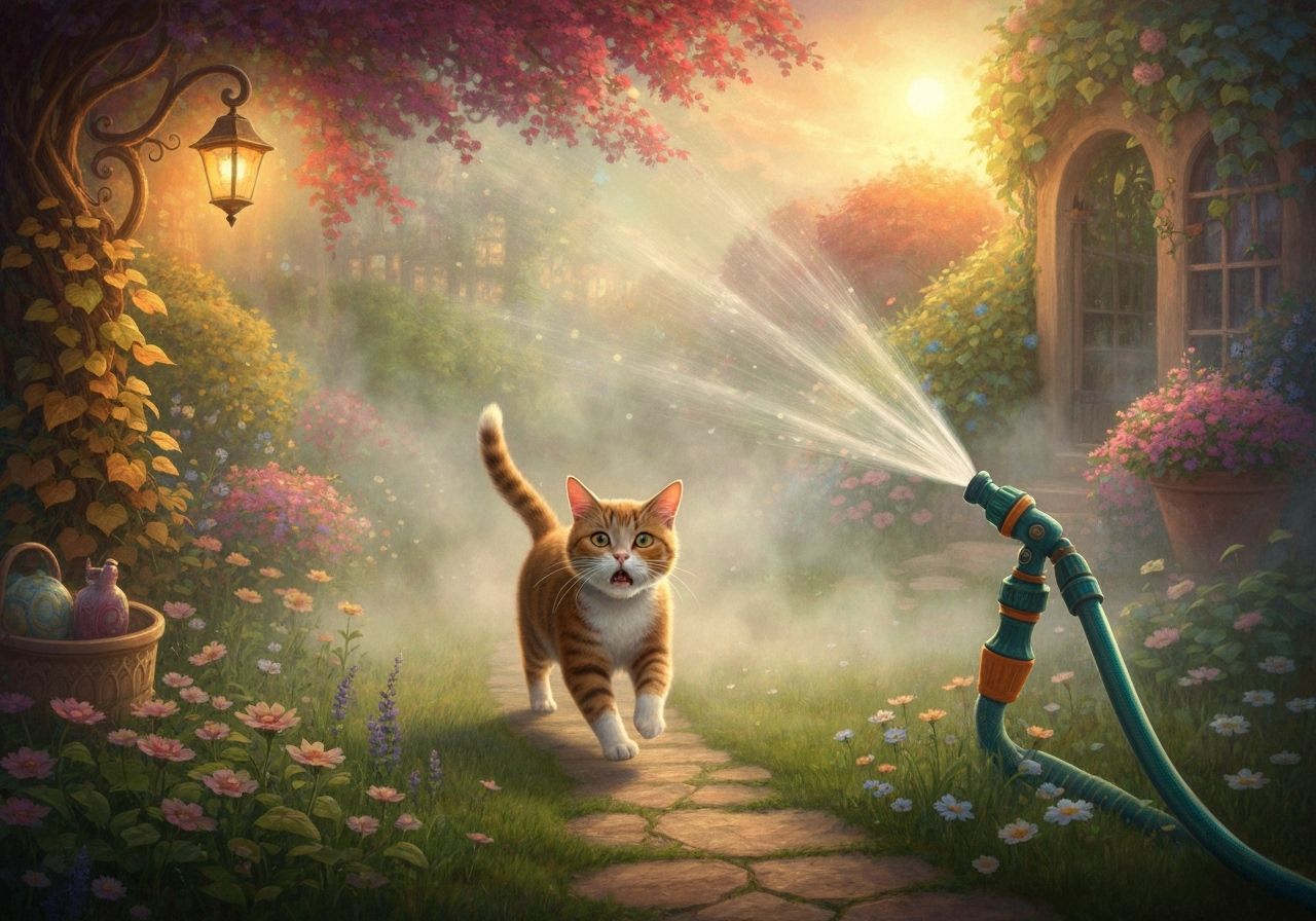 Scared Cat Flees Misty Garden Hose in Whimsical Setting