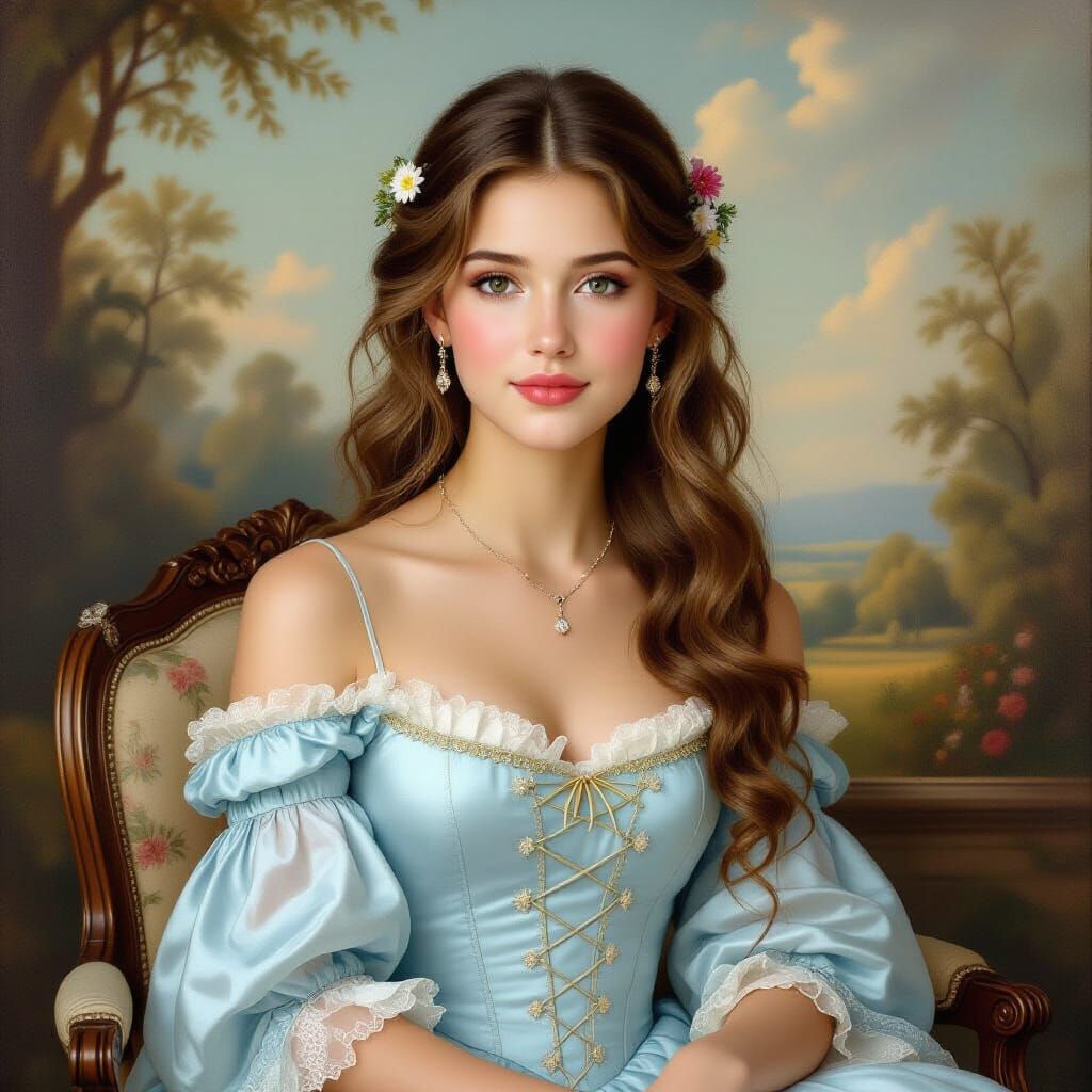Elegant Young Woman in French Gown Seated Outdoors